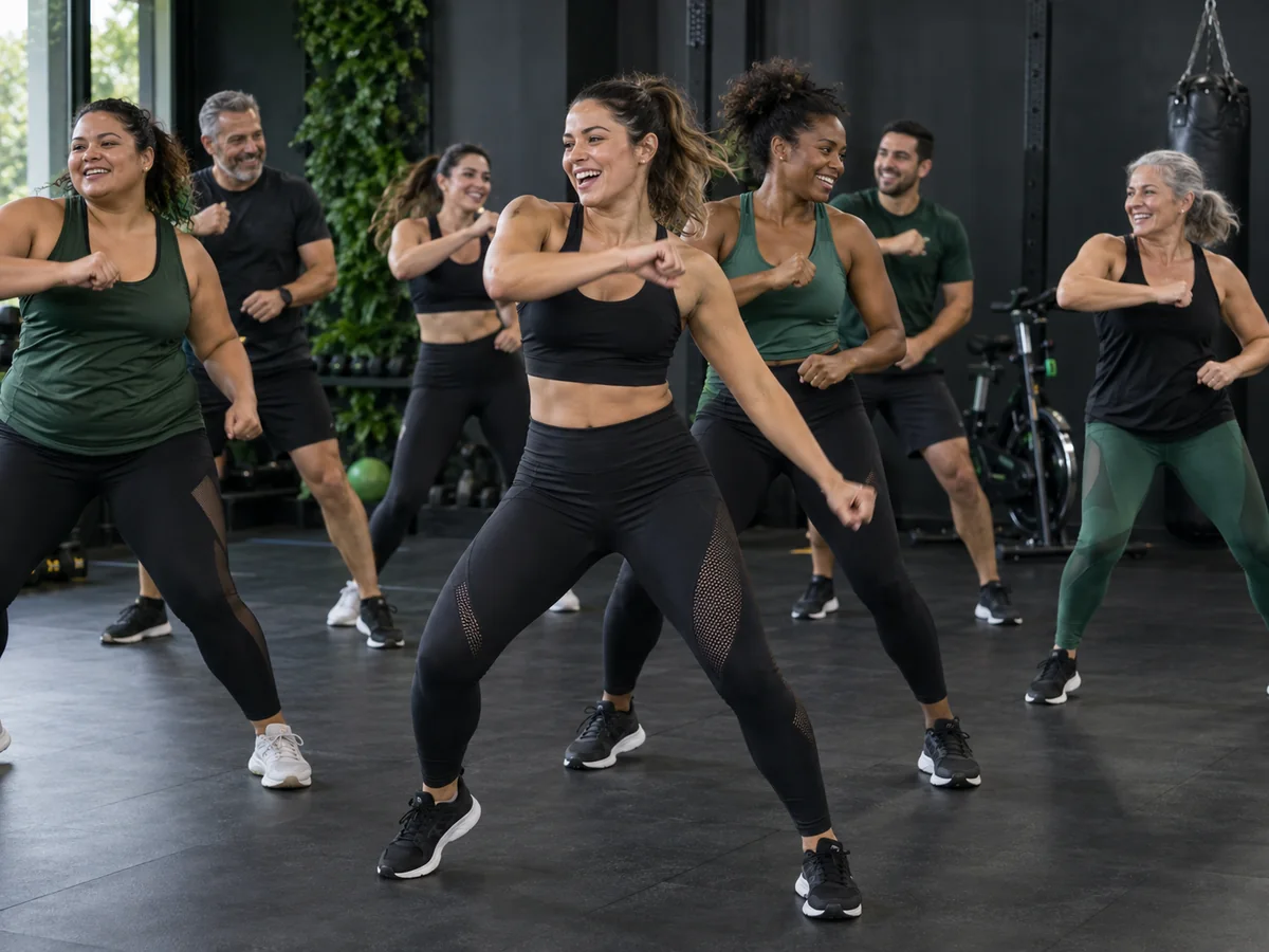 Grupo diverso disfrutando una clase de entrenamiento en Planet