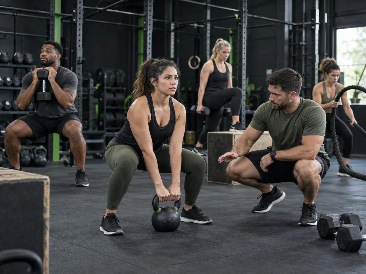 Grupo de adultos realizando entrenamiento funcional en una sala equipada